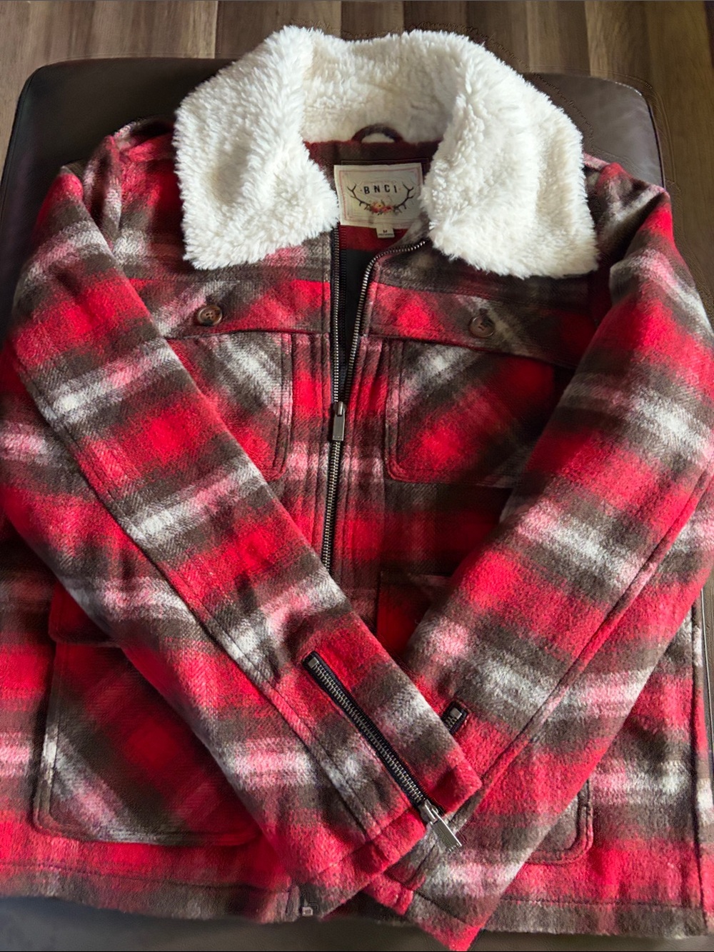 BNCI Red Plaid Sherpa Collar Varsity Jacket